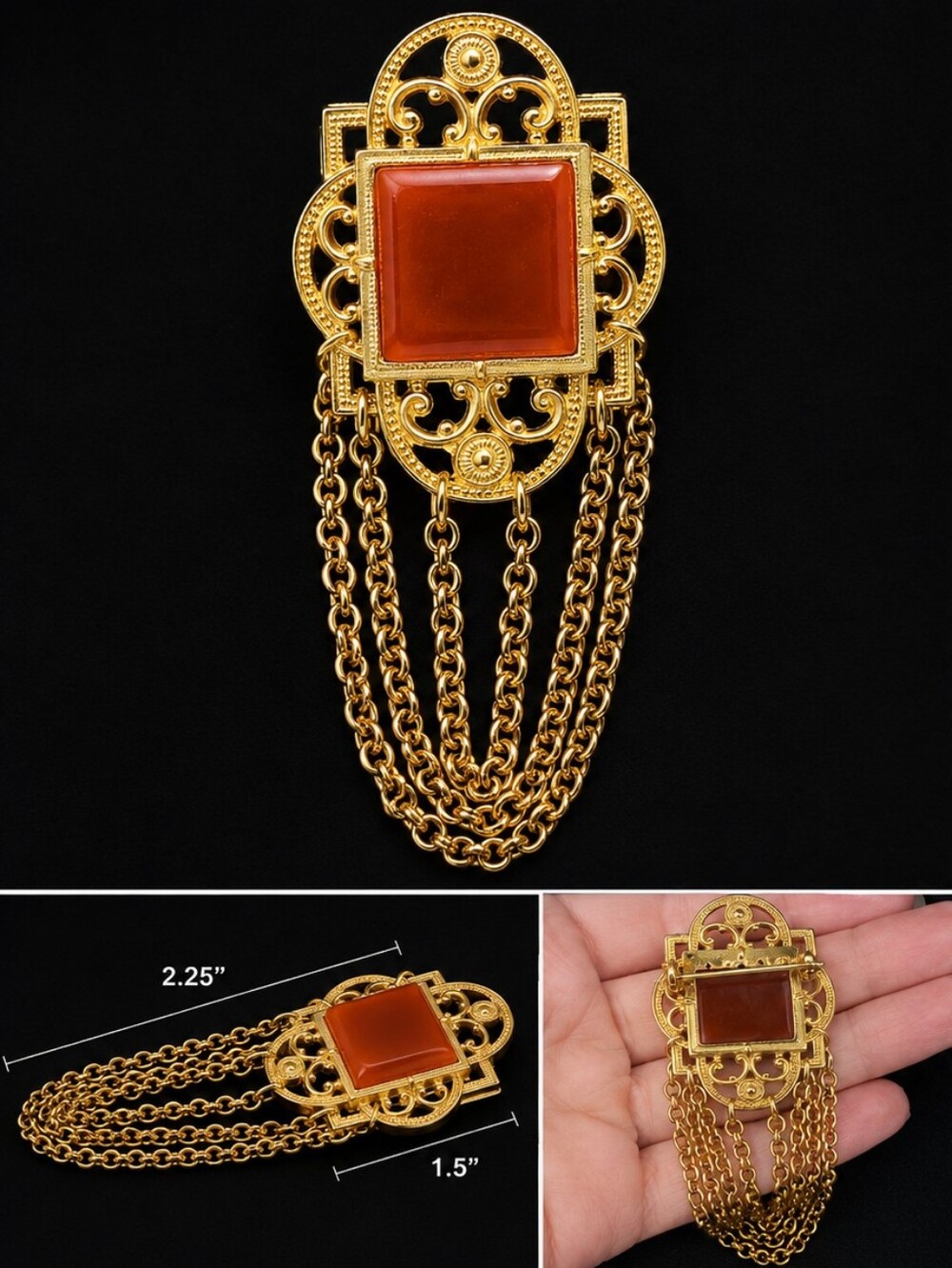 VINTAGE Victorian Revival Carnelian Brooch Gold Tone Filigree Chain Dangle